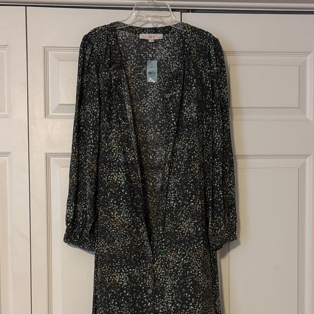 LOFT Black Floral Speckle Long Sleeve Button-Front Dress